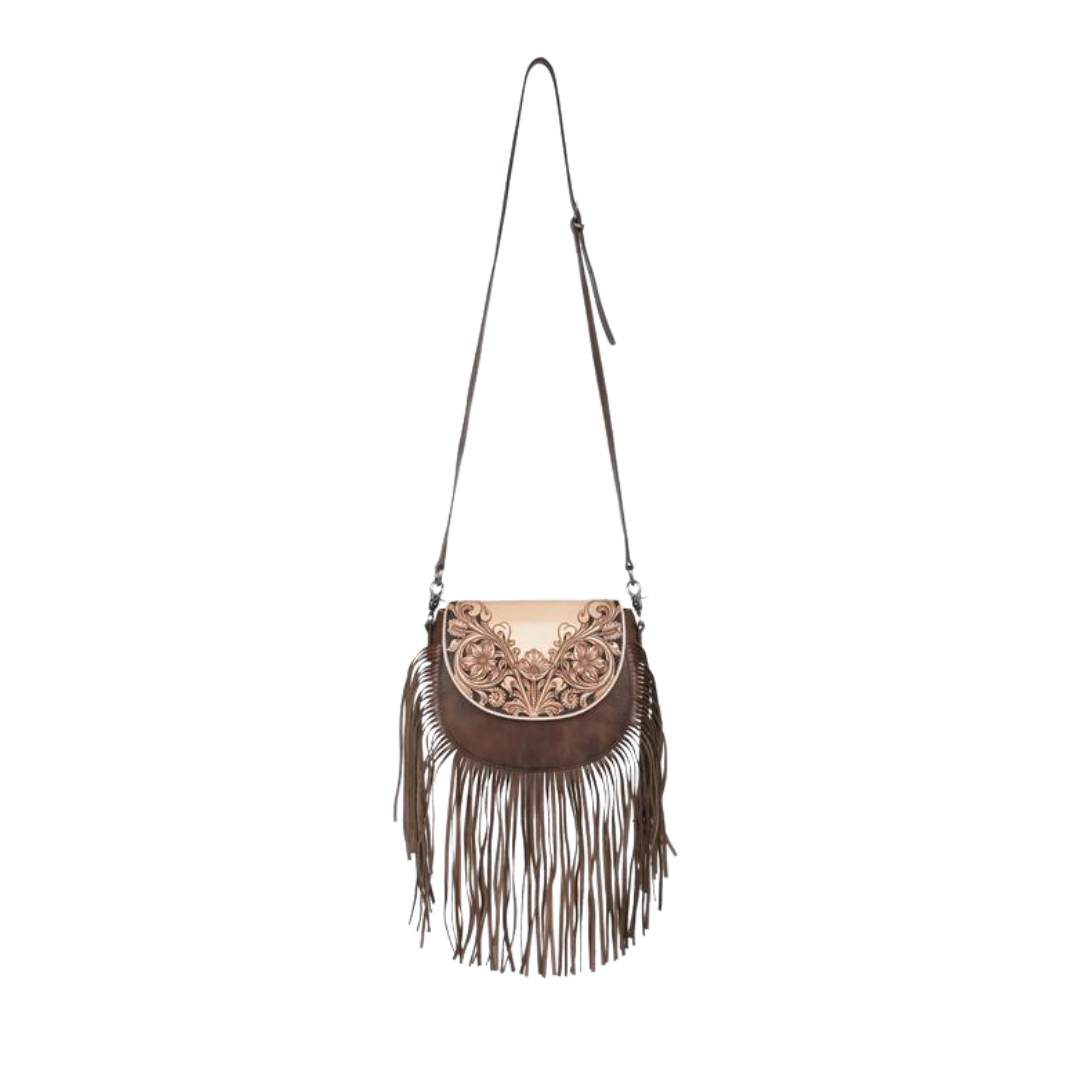 Montana West Women's Leather Tooled Fringe Brown Crossbody