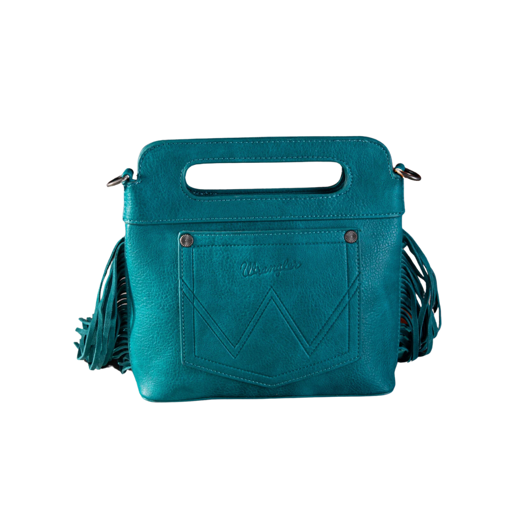 Wrangler Women's Top Handle Embroidered Fringe Turquoise Mini Tote Crossbody