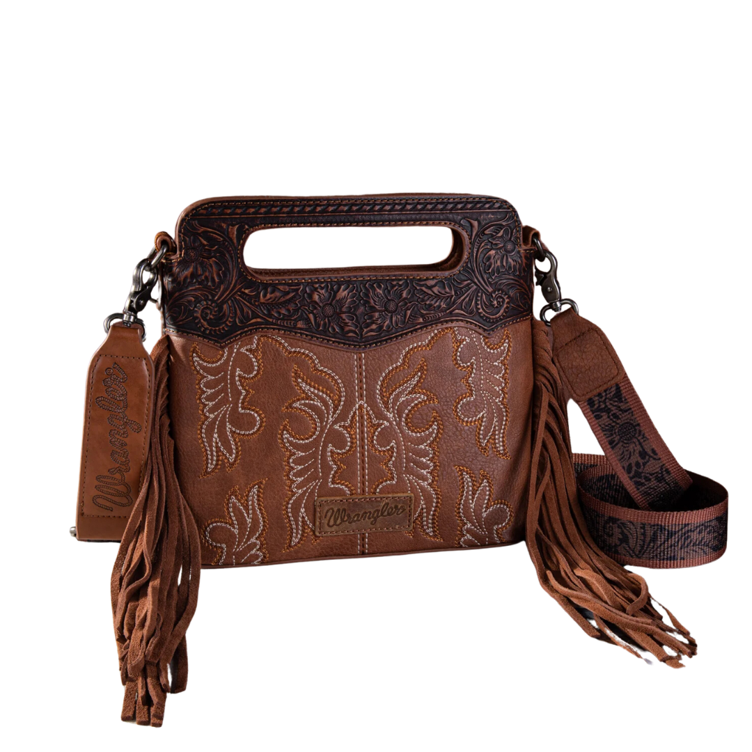Wrangler Women's Top Handle Embroidered Fringe Mini Brown Tote Crossbody