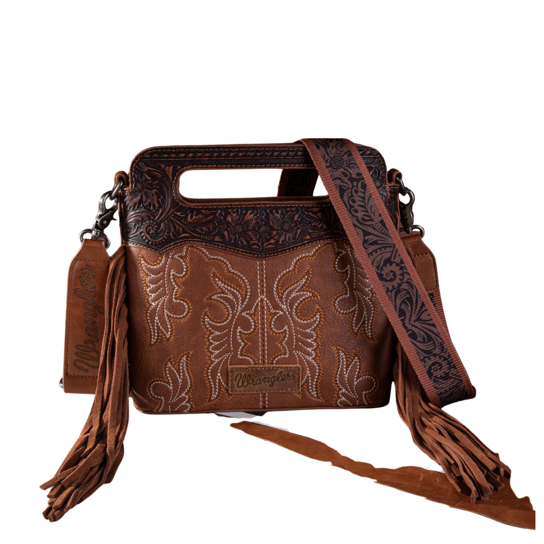 Wrangler Women's Top Handle Embroidered Fringe Mini Brown Tote Crossbody