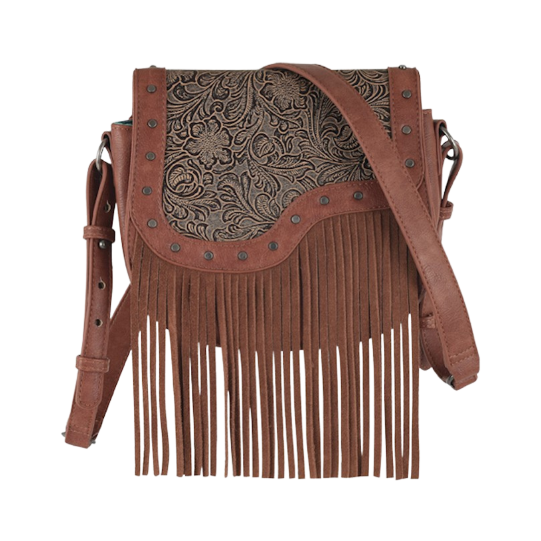 Catchfly Women's Saddlebag Asymmetrical Tooled Yoke Brown Bag
