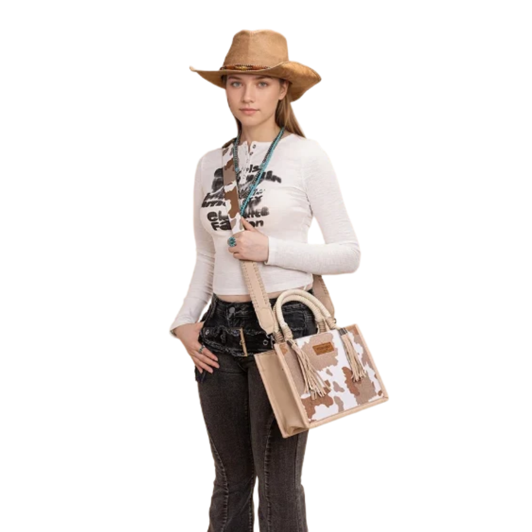 Wrangler Women's Cow Print Khaki Crossbody Tote