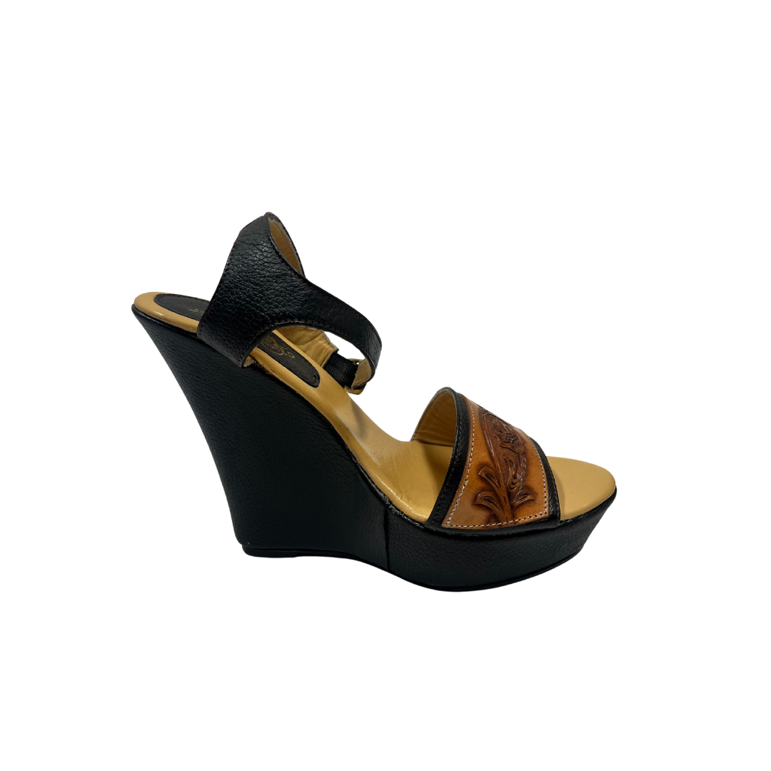 International M Women's Black Brown Wedge Sandals