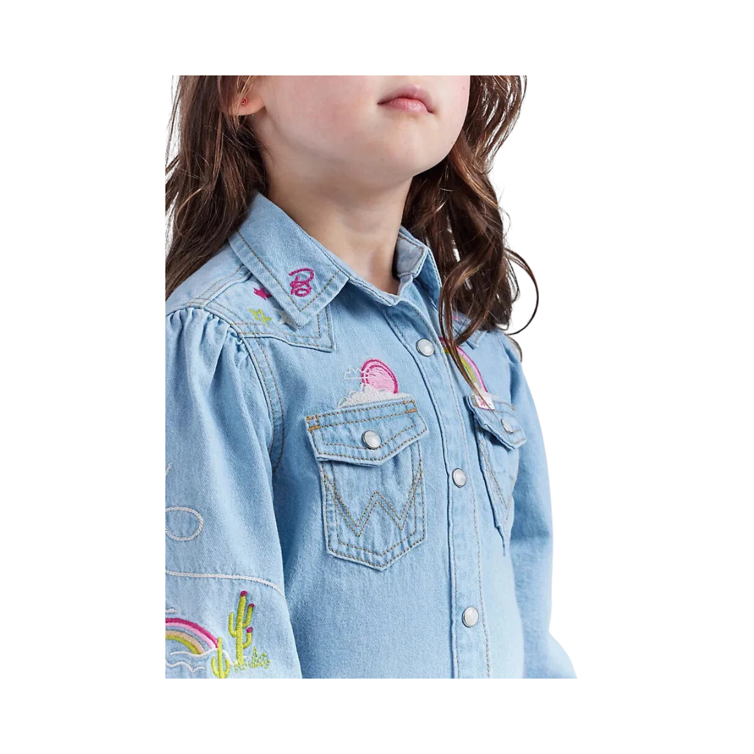 Wrangler x Barbie Girl's Balloon Sleeve Embroidered Blouse in Ken Blue