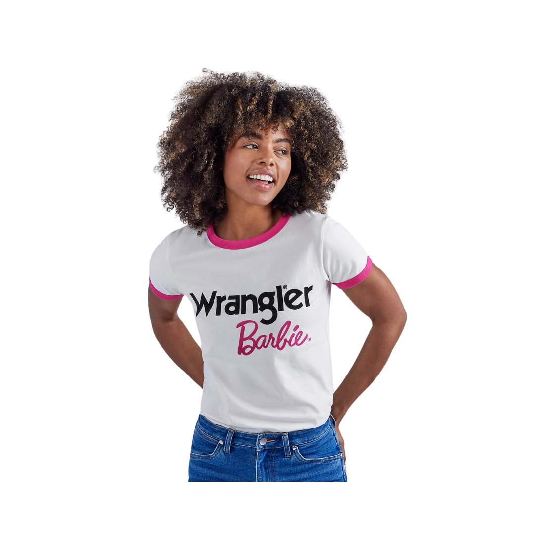 Wrangler Barbie Ladies Logos Slim Ringer Tee In Worth White