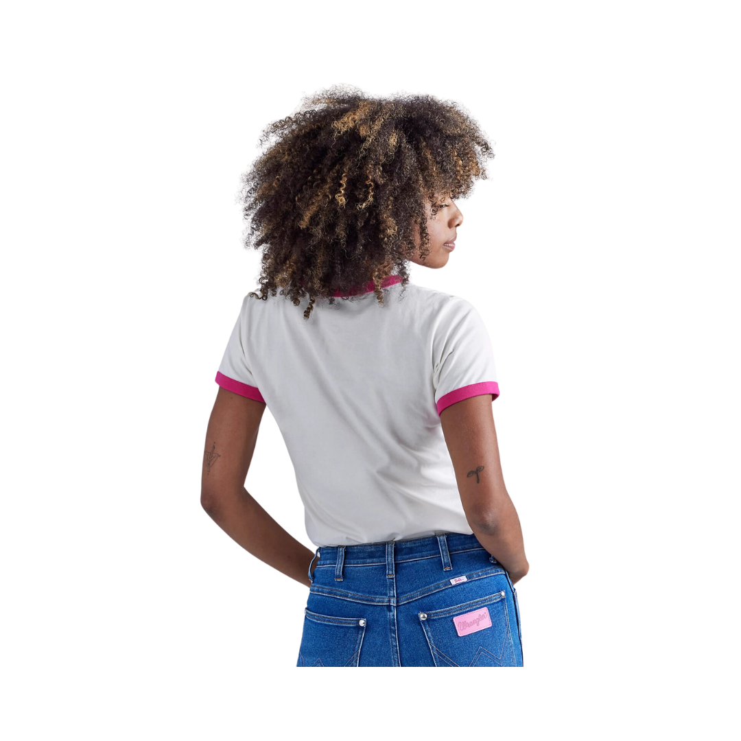 Wrangler Barbie Ladies Logos Slim Ringer Tee In Worth White