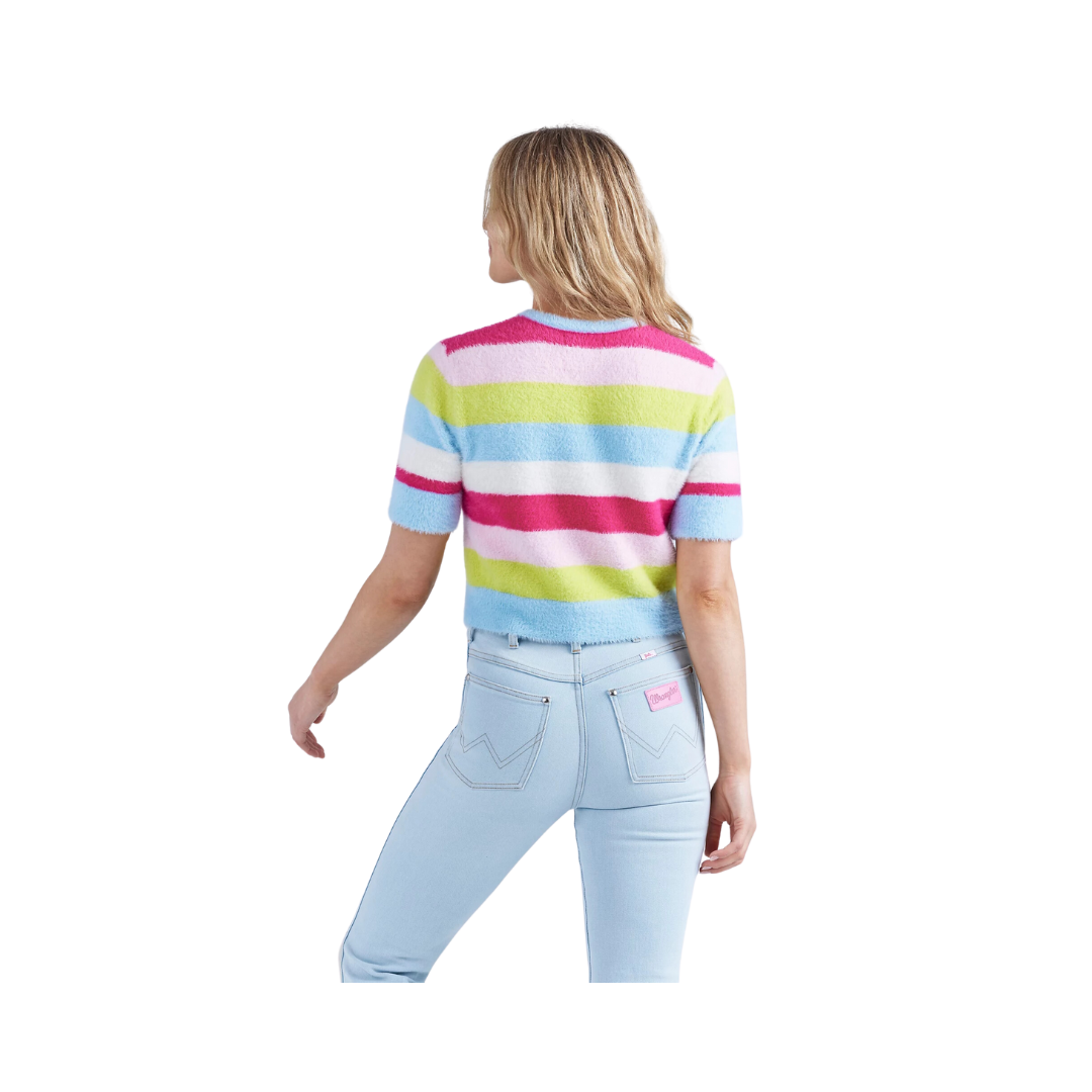 Wrangler x Barbie Ladies Cropped Fuzzy Rainbow Sweater