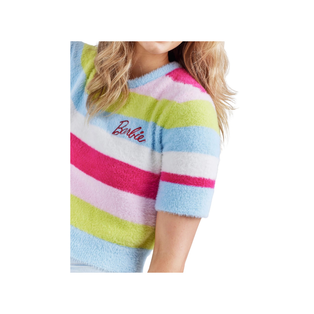 Wrangler x Barbie Ladies Cropped Fuzzy Rainbow Sweater