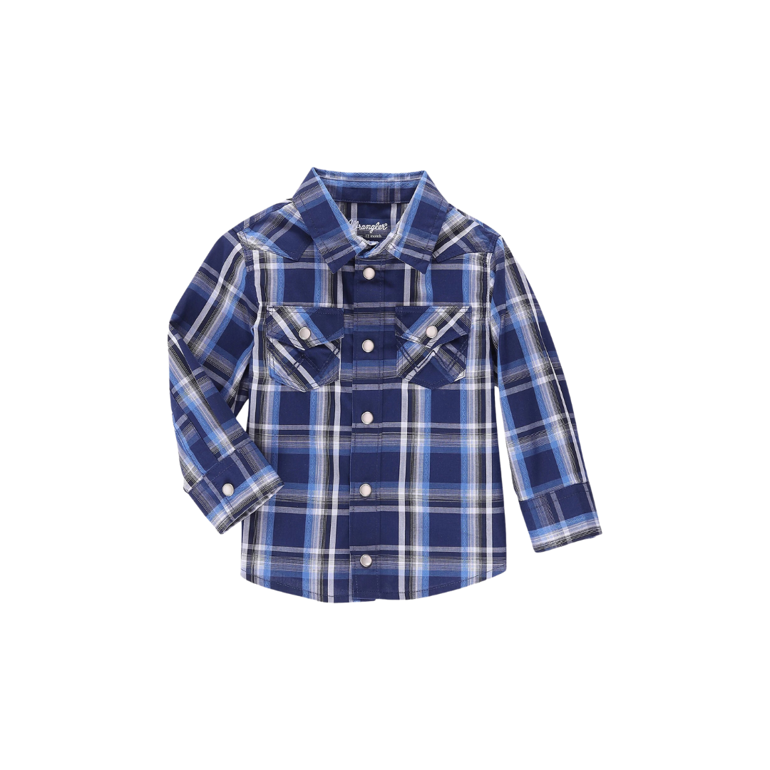 Wrangler Boy's Long Sleeve Snap Front Plaid Blue Shirt