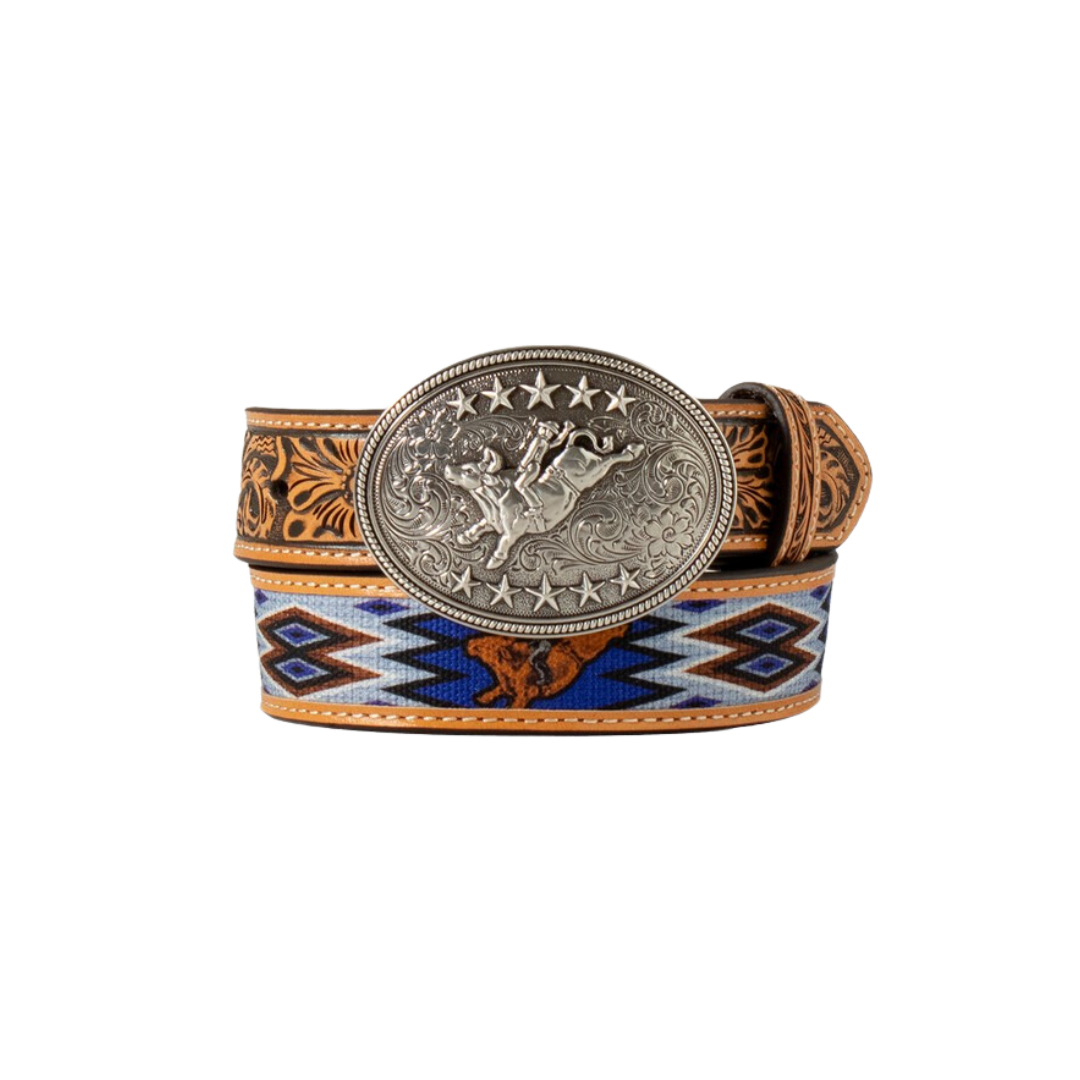 3D Youth Boy's Bull Rider Floral Embossed Brown Belt