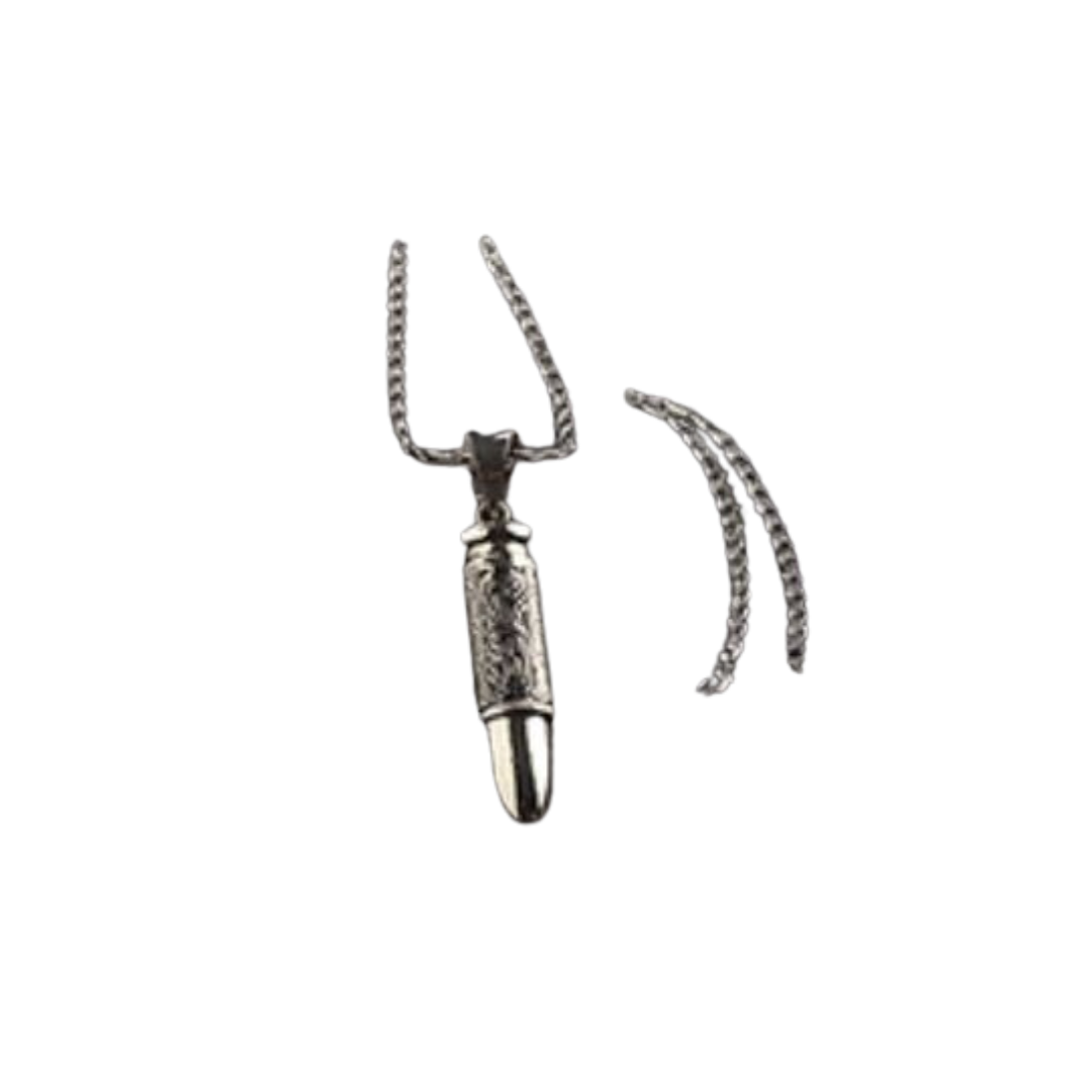 Silver Strike Men's Bullet Pendant Engraved Grey Necklace