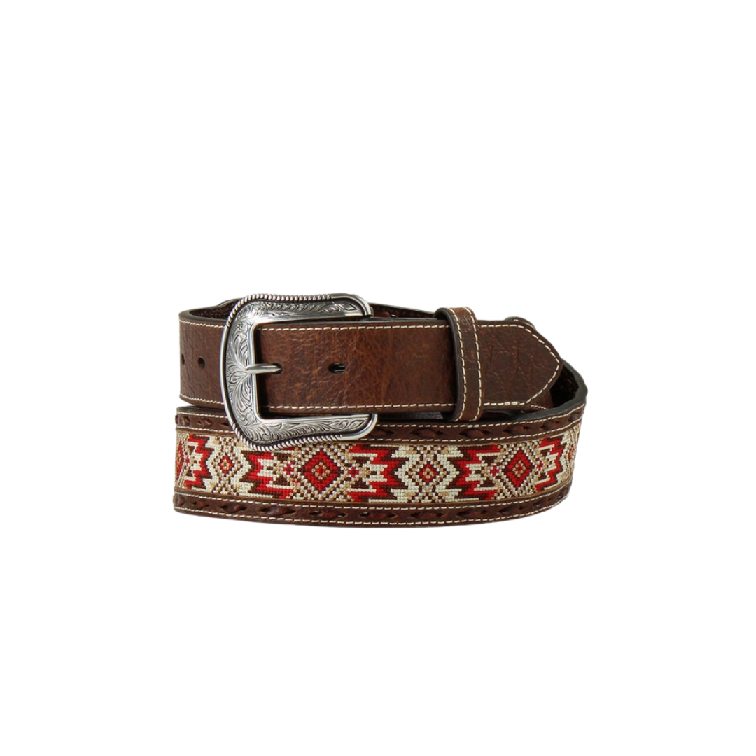 3D Western Embroidered Inlay Buck Laced Textured Red Brown Belt