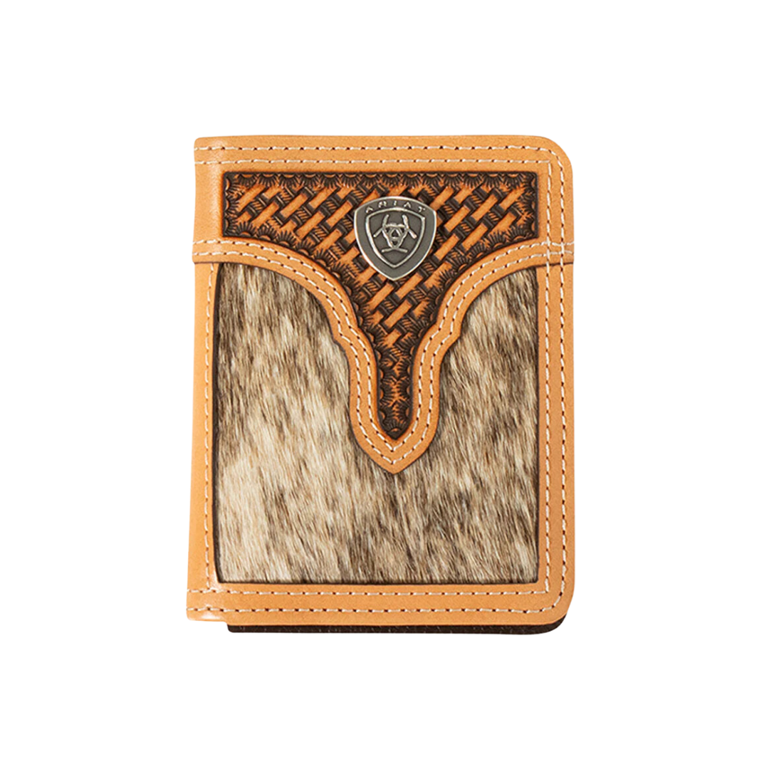 Ariat Men's Calf Hair Basket Weave Bifold Wallet Natural