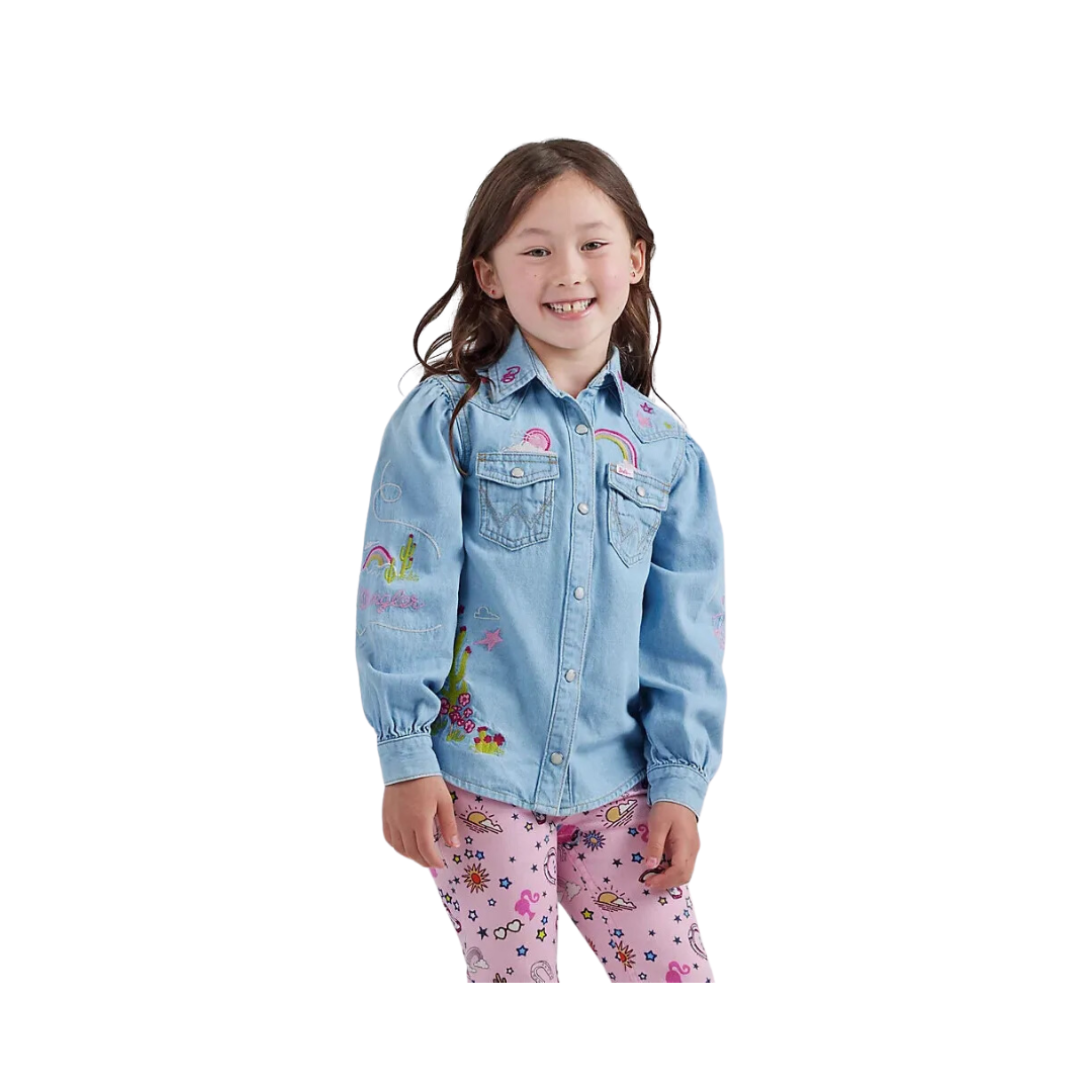 Wrangler x Barbie Girl's Balloon Sleeve Embroidered Blouse in Ken Blue