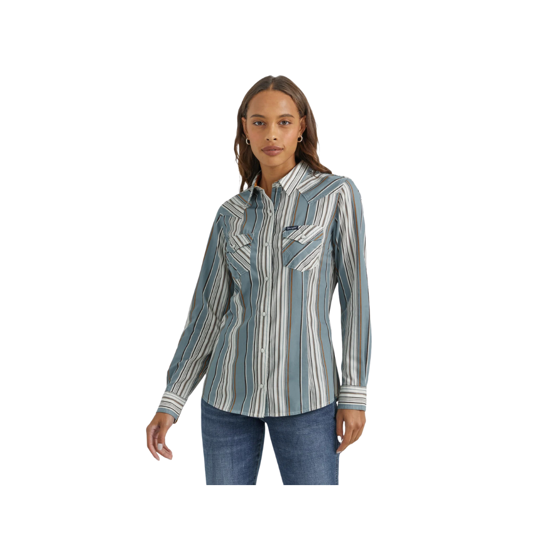 Wrangler Ladies Grey Stripe Print Snap Dress Shirt