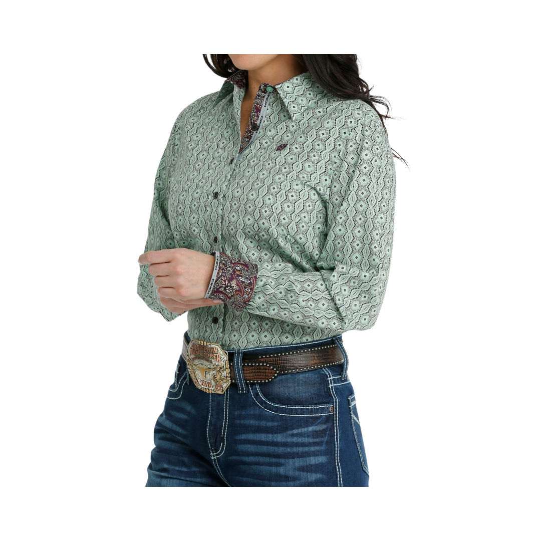 Cinch Women's Button Down Western Lime Green Brown Shirt