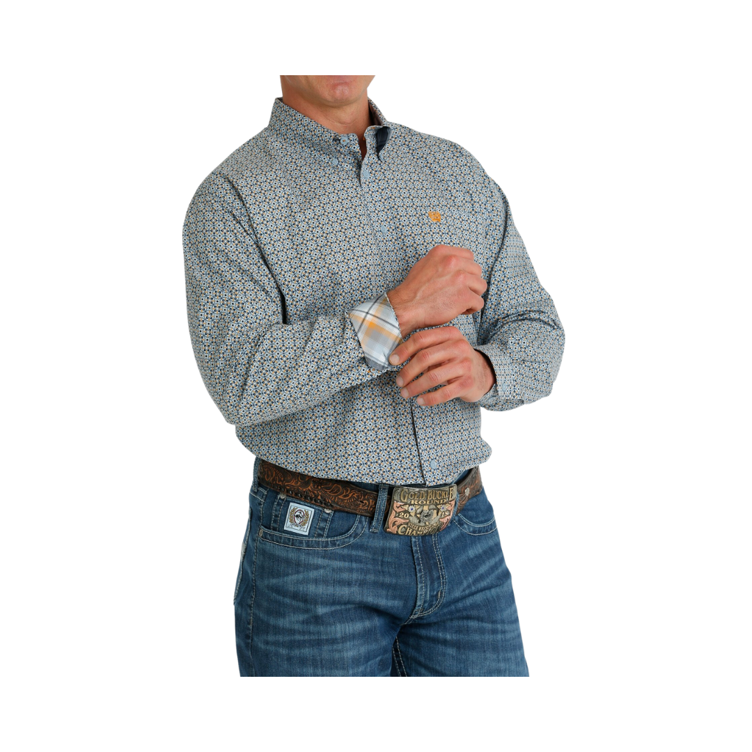 Cinch Men's Geometric Print Button Down Western Light Blue Navy Shirt