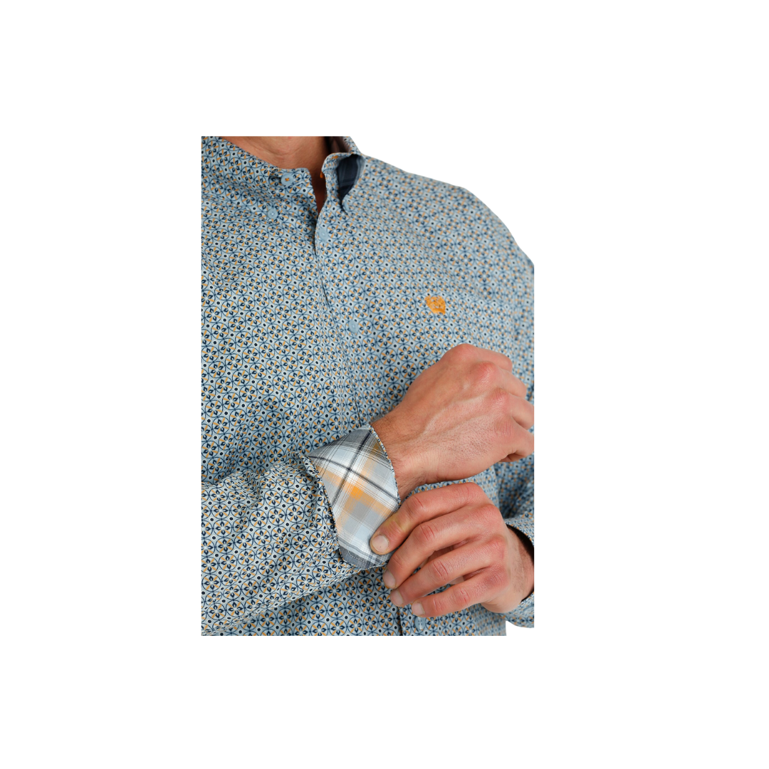 Cinch Men's Geometric Print Button Down Western Light Blue Navy Shirt