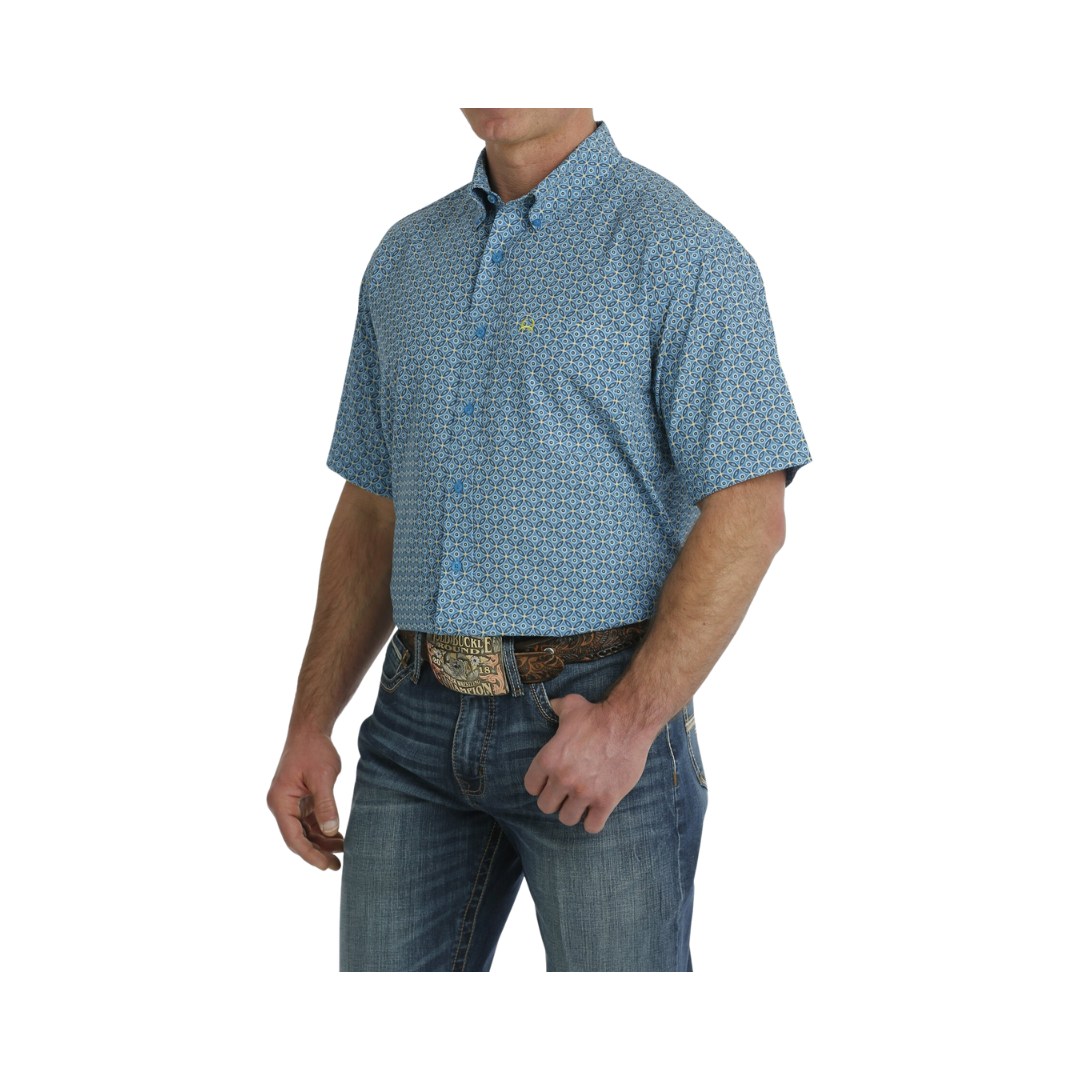 Cinch Men's Geometric Print Short Sleeve Arenaflex Button Down Blue Shirt