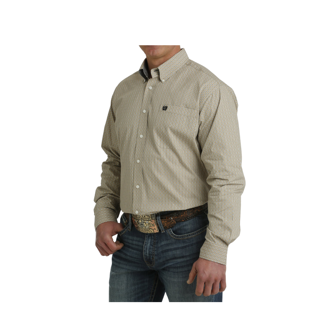 Cinch Men's Geometric Print Button Down Western Khaki Black Shirt