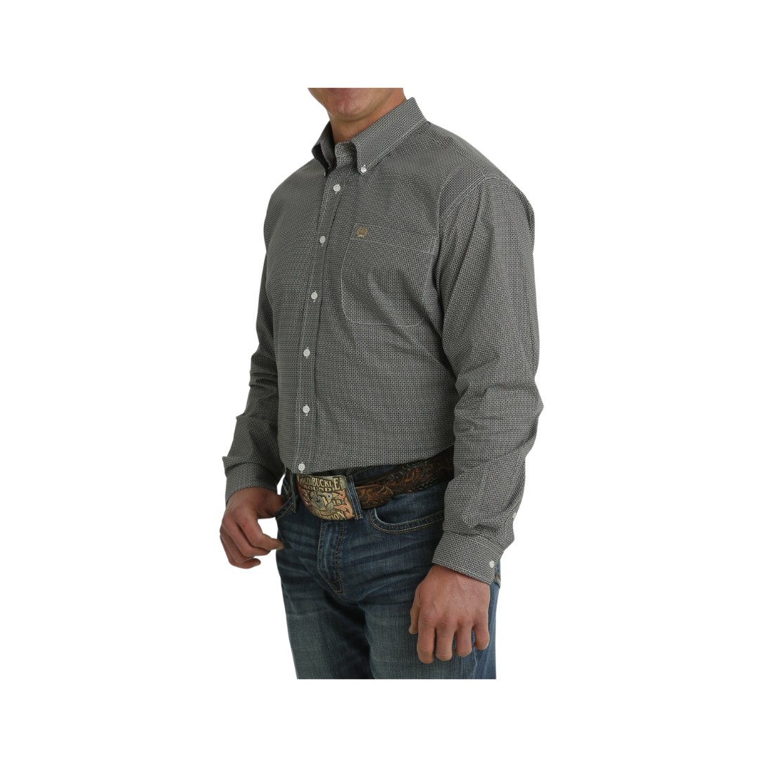 Cinch Men's Stretch Geometric Print Button Down Western White Black Shirt