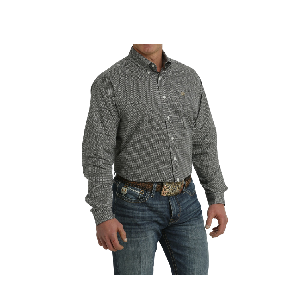 Cinch Men's Stretch Geometric Print Button Down Western White Black Shirt