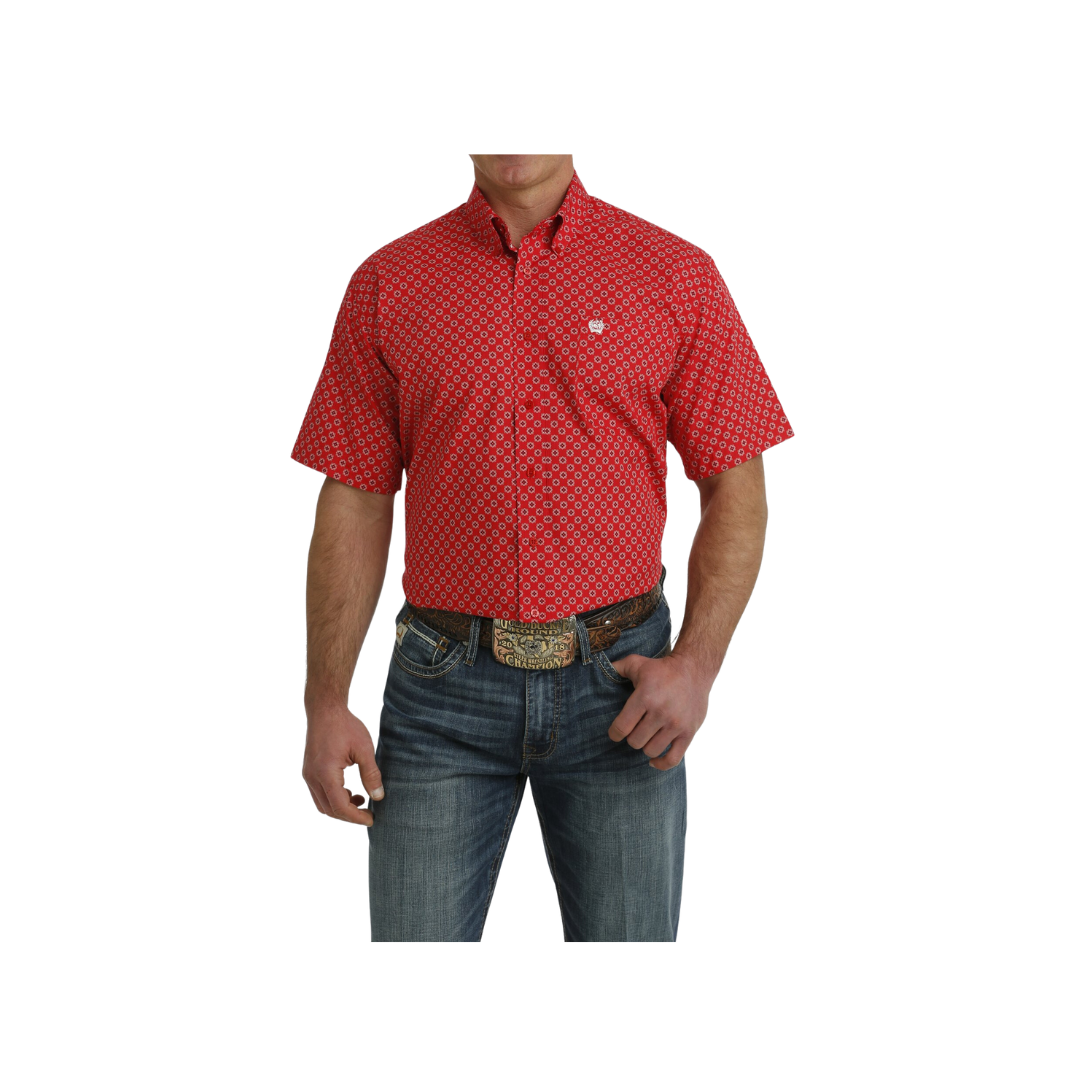Cinch Men's Medallion Print Button Down Western Red White Shirt