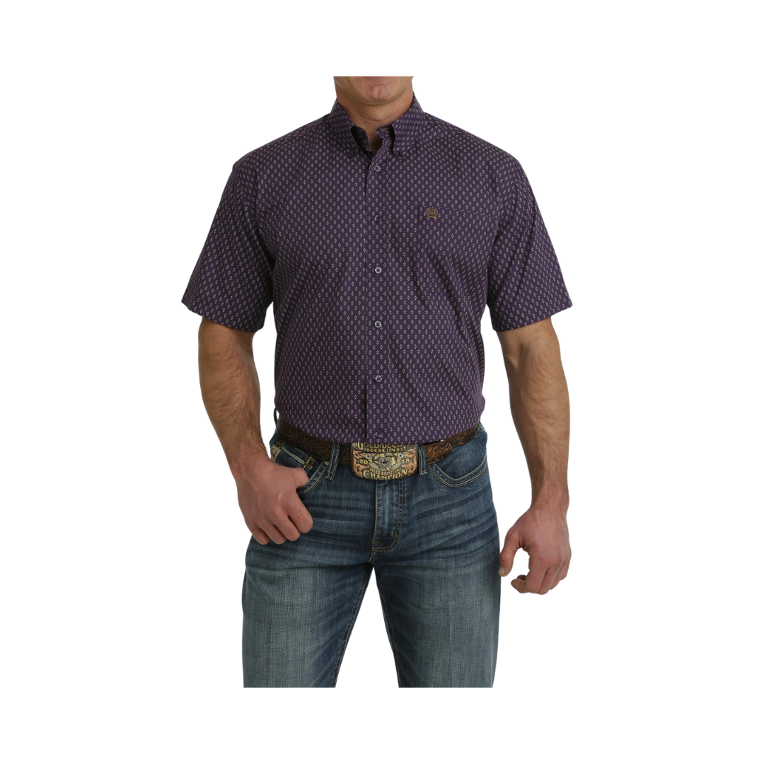 Cinch Men's Geometric Print Short Sleeve Western Purple Brown Shirt