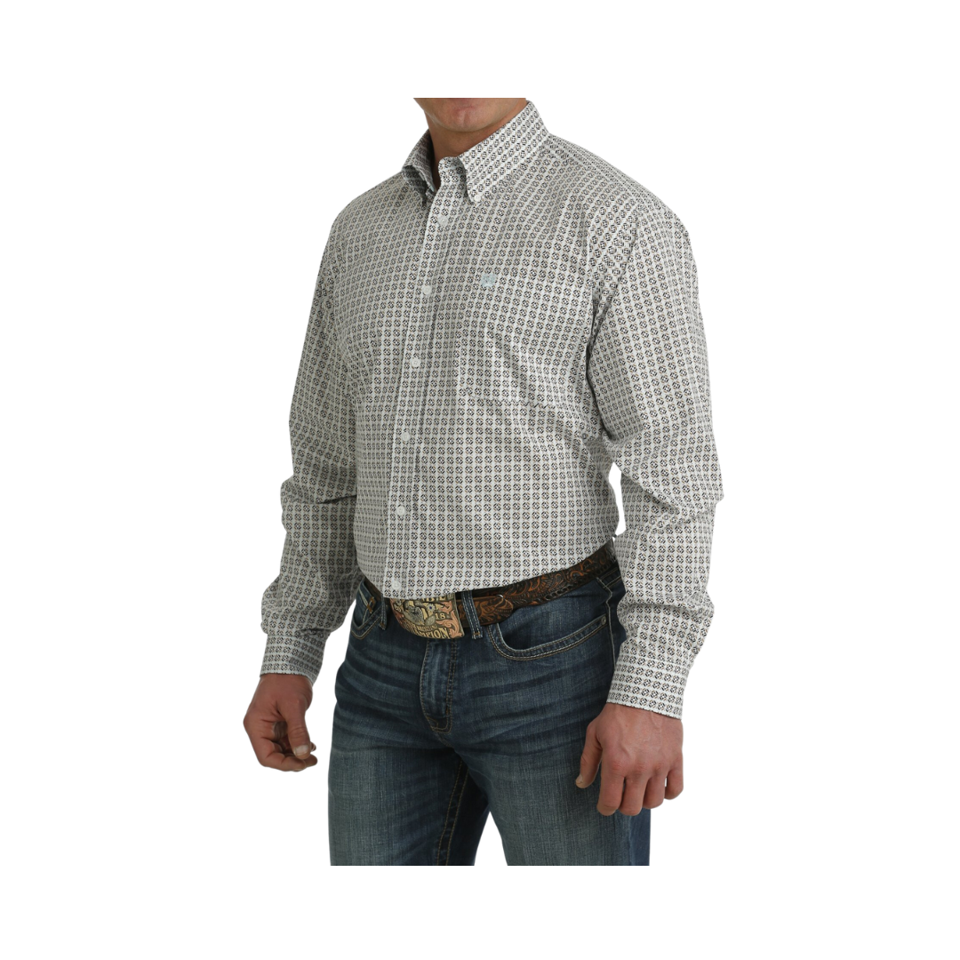 Cinch Men's Stretch Geometric Print Button Down Western White Light Blue Shirt