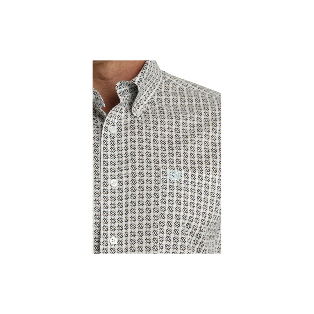Cinch Men's Stretch Geometric Print Button Down Western White Light Blue Shirt