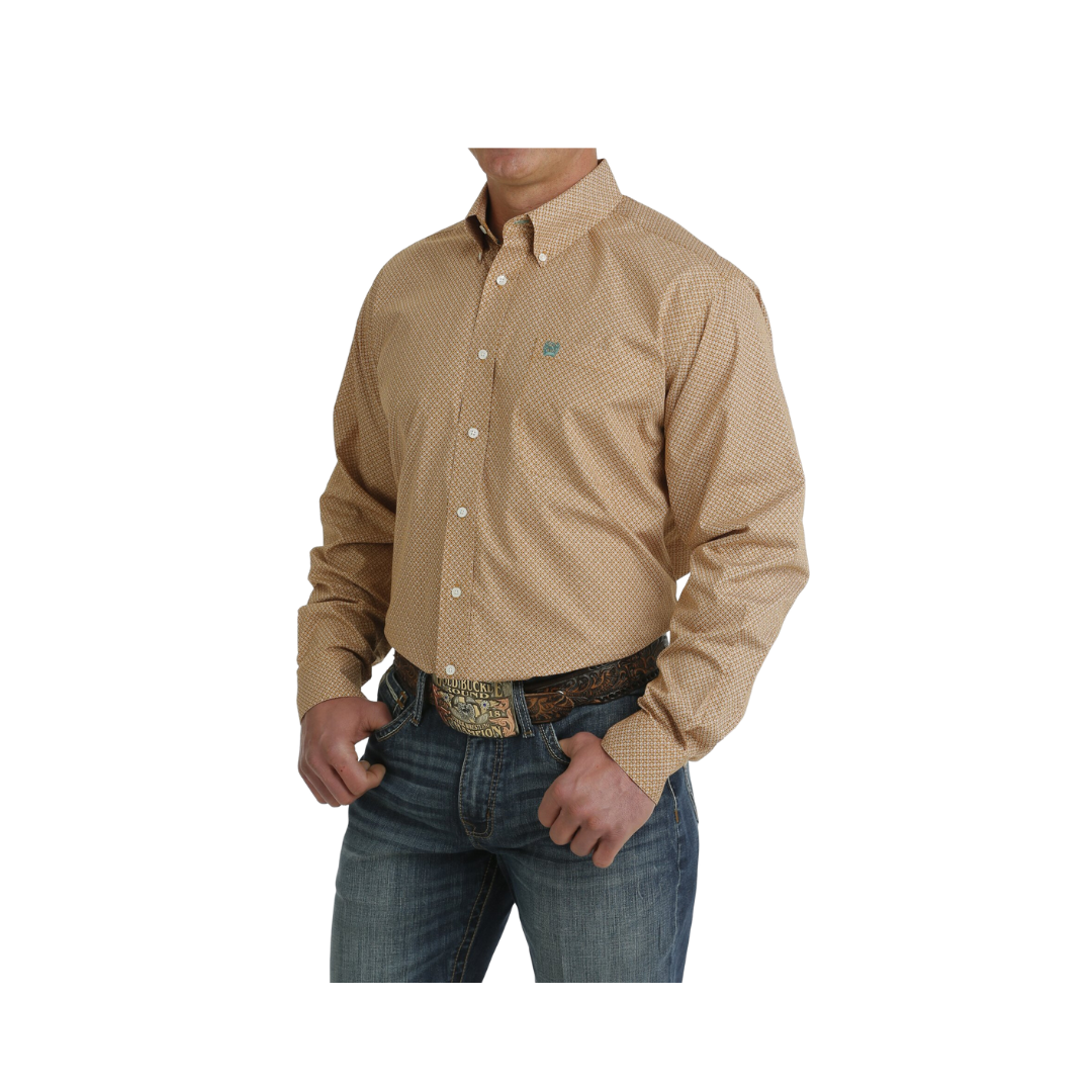 Cinch Men's Geometric Print Button Down Long Sleeve Western Brown White Shirt