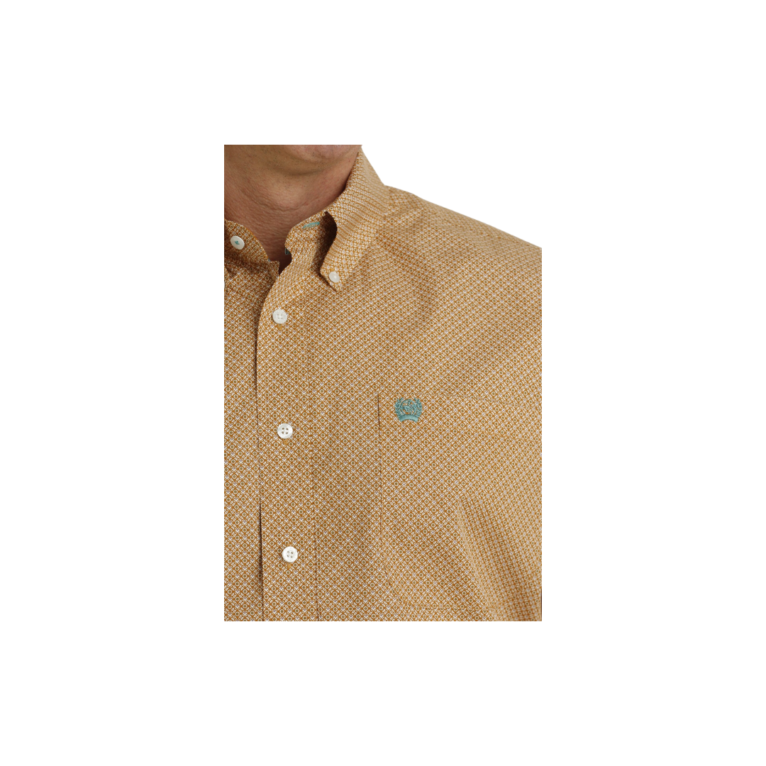 Cinch Men's Geometric Print Button Down Long Sleeve Western Brown White Shirt