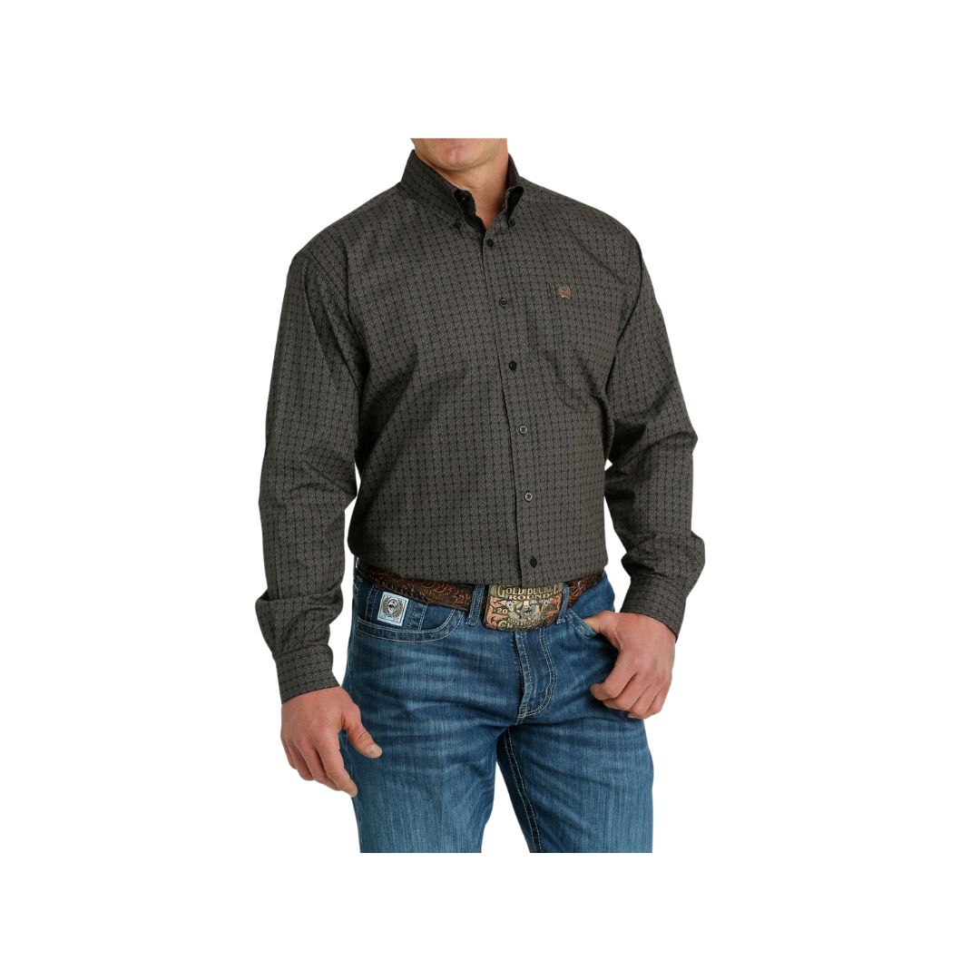 Cinch Men's Geometric Print Long Sleeve Black Gray Shirt