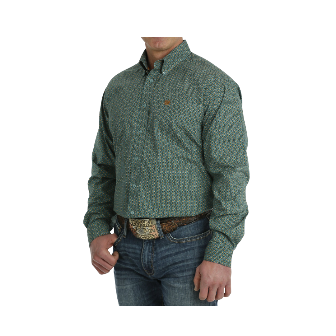 Cinch Men's Floral Print Button Down Long Sleeve Western Turquoise Gold Shirt