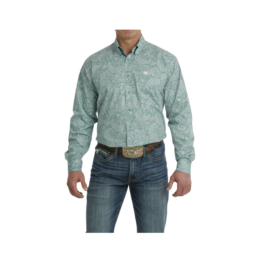 Cinch Men's Paisley Print Button Down Long Sleeve Western Turquoise White Shirt