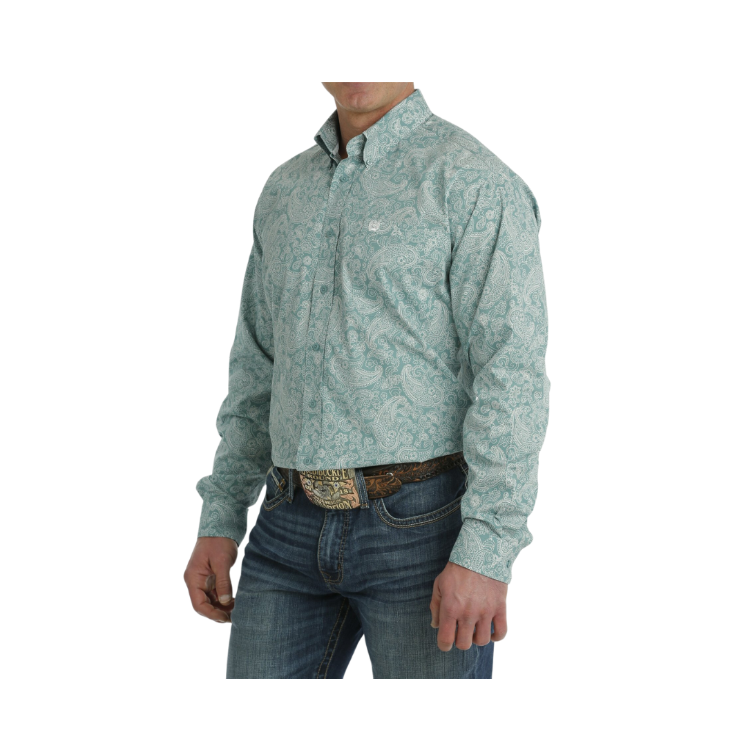Cinch Men's Paisley Print Button Down Long Sleeve Western Turquoise White Shirt