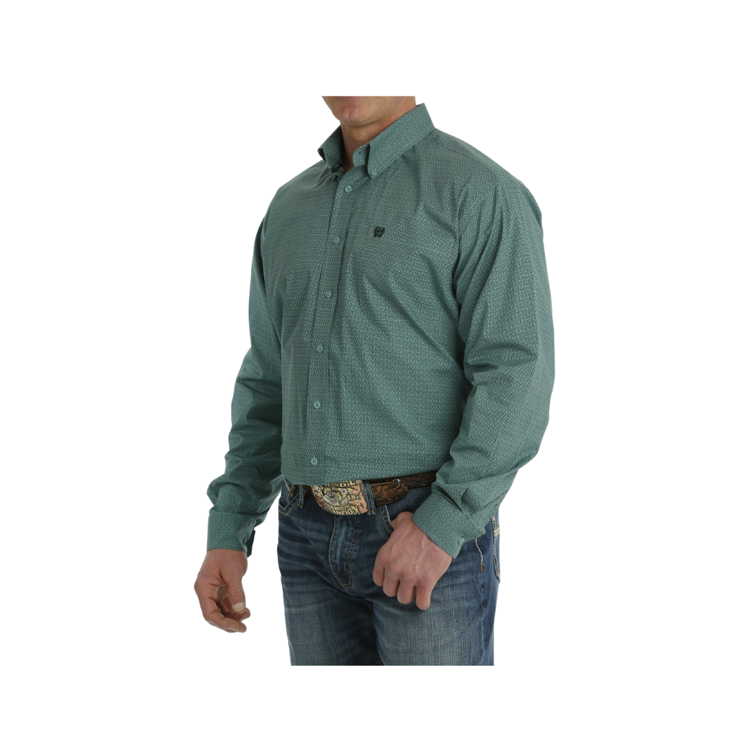 Cinch Men's Stretch Geometric Print Button Down Western Turquoise Green Shirt