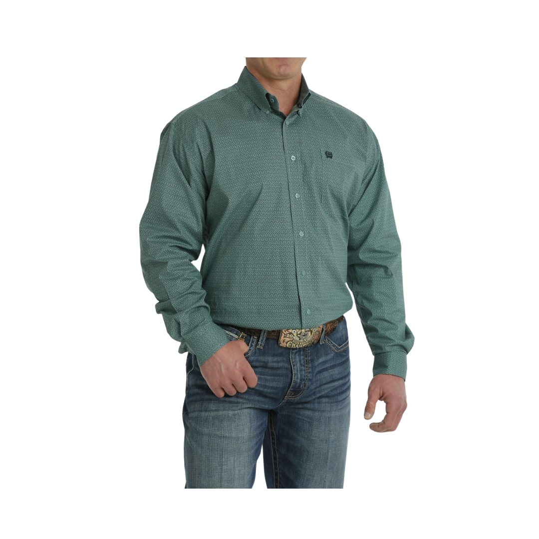 Cinch Men's Stretch Geometric Print Button Down Western Turquoise Green Shirt