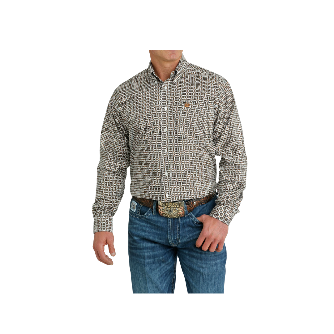 Cinch Men's Geometric Print Button Down Western White Gold Shirt