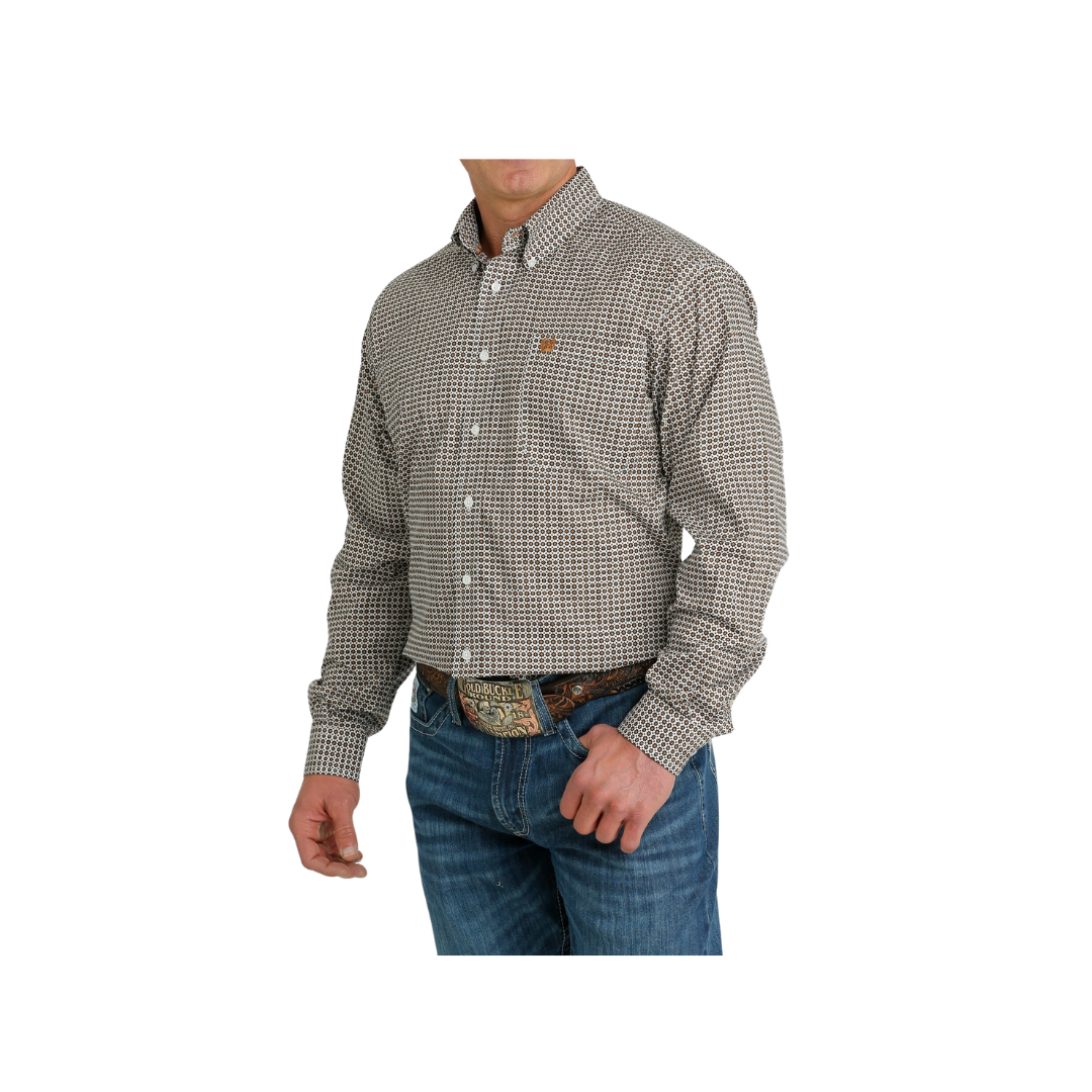 Cinch Men's Geometric Print Button Down Western White Gold Shirt