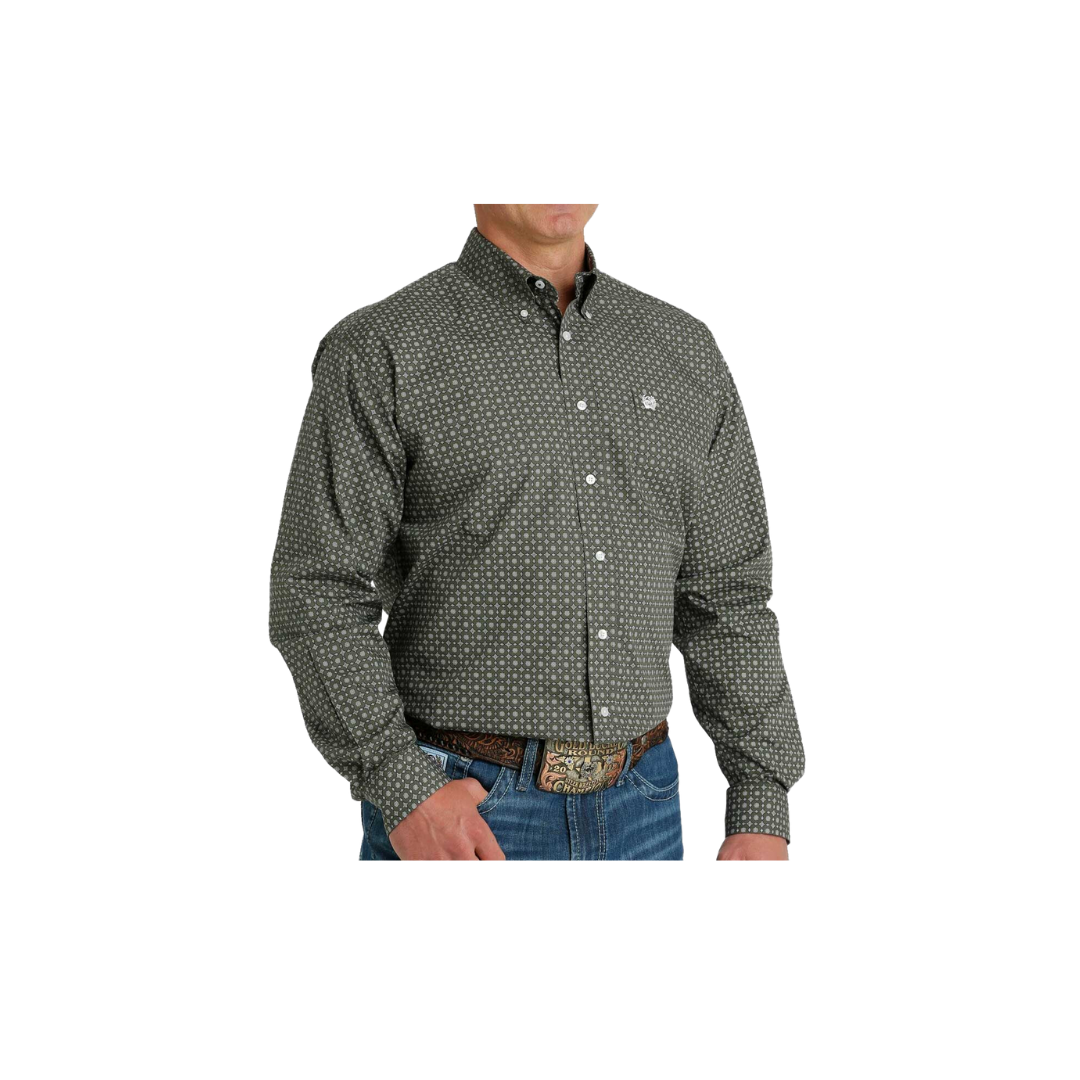 Cinch Men's Medallion Print Button Down Long Sleeve Olive Shirt
