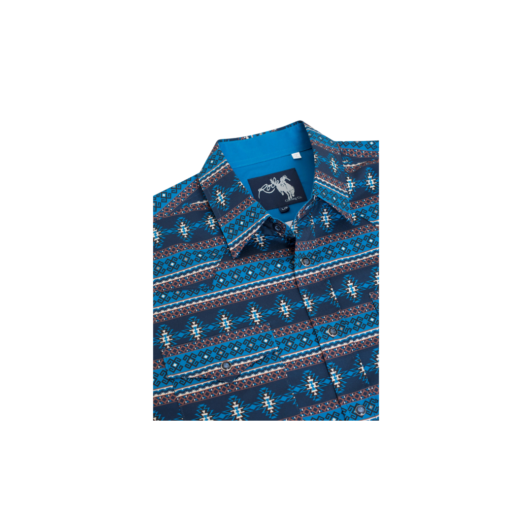 Avalon Men's Western Print Pearl Snap Aztec Blue Shirt
