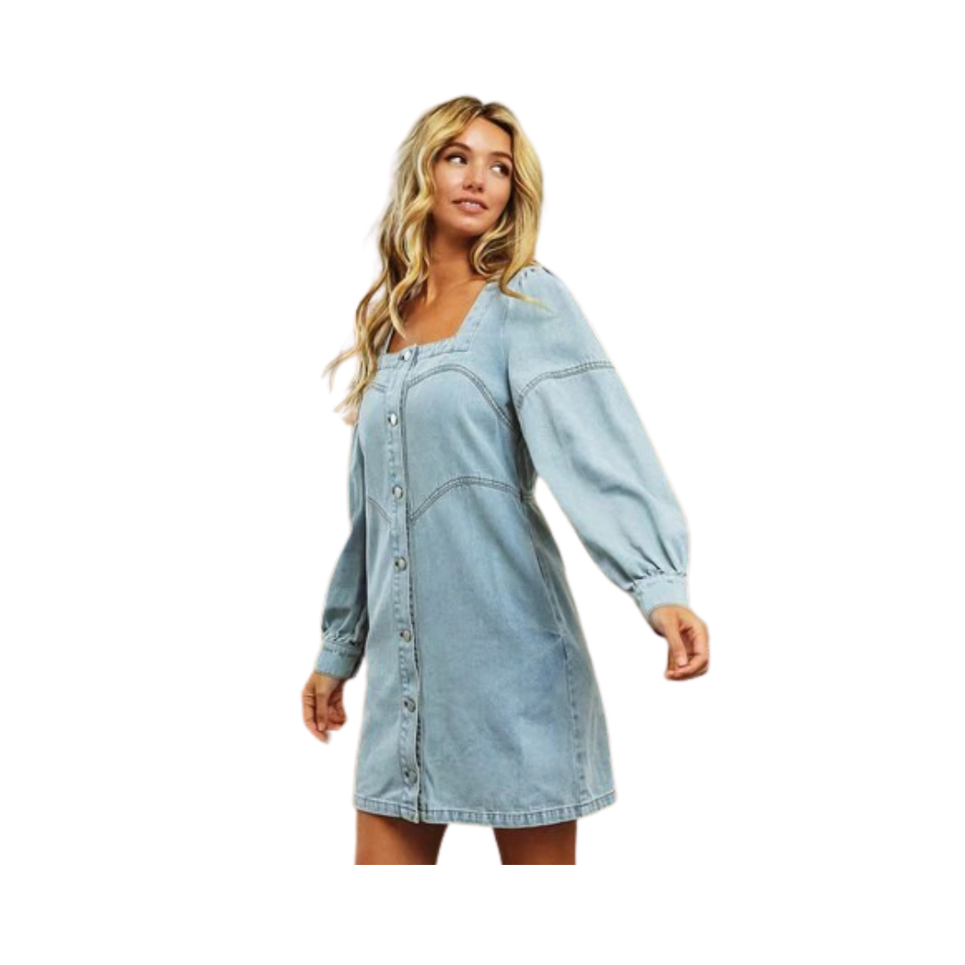 Bibi Women's Square Neck Button Front Washed Denim Dress
