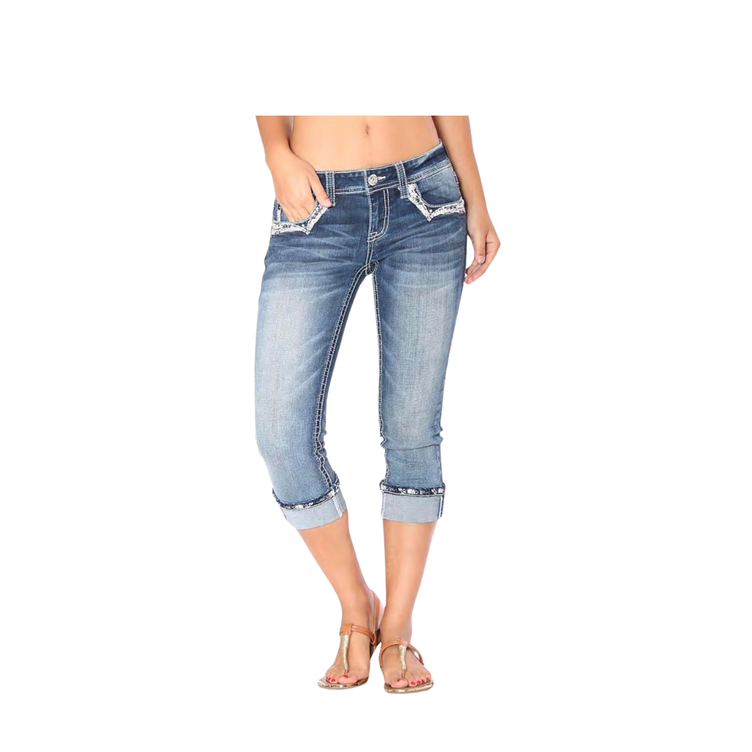 Grace In La Mid Rise Easy Capri Cuffed Rhinestone Embellished Cropped Stretch Jean