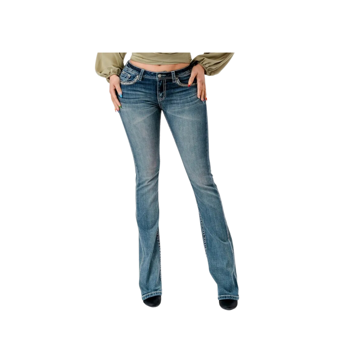 Grace in La Women's Western Horseshoe Saddle Embroidered Bootcut Stretch Jeans