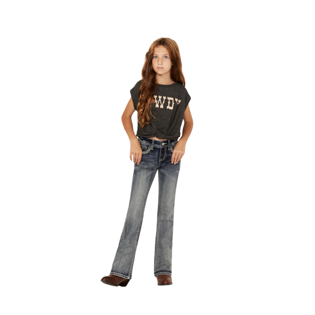 Grace In La Kid's Medium Wash Horseshoe Embroidered Stretch Bootcut Jeans