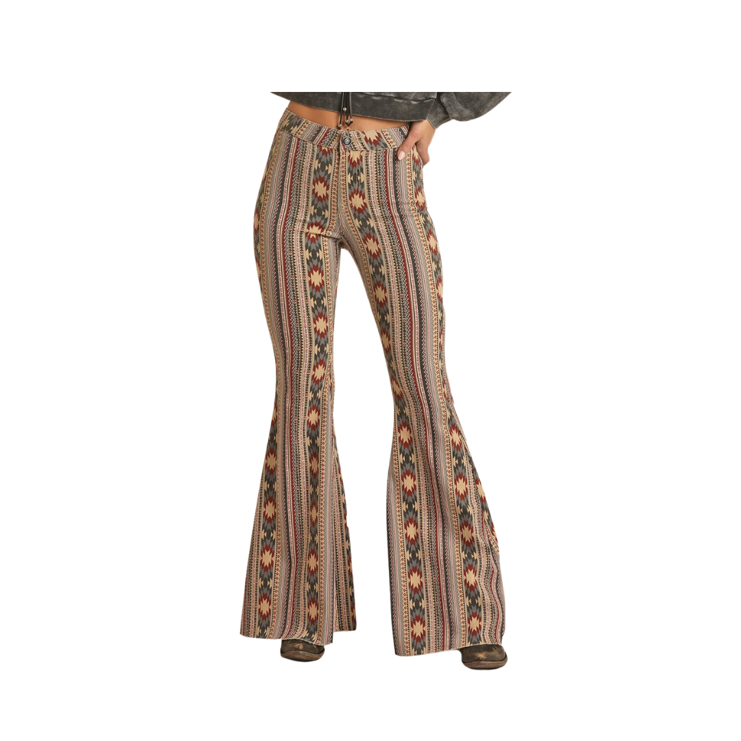 Panhandle Slim Women's High Rise Stretch Tan Aztec Bell Bottom Jeans