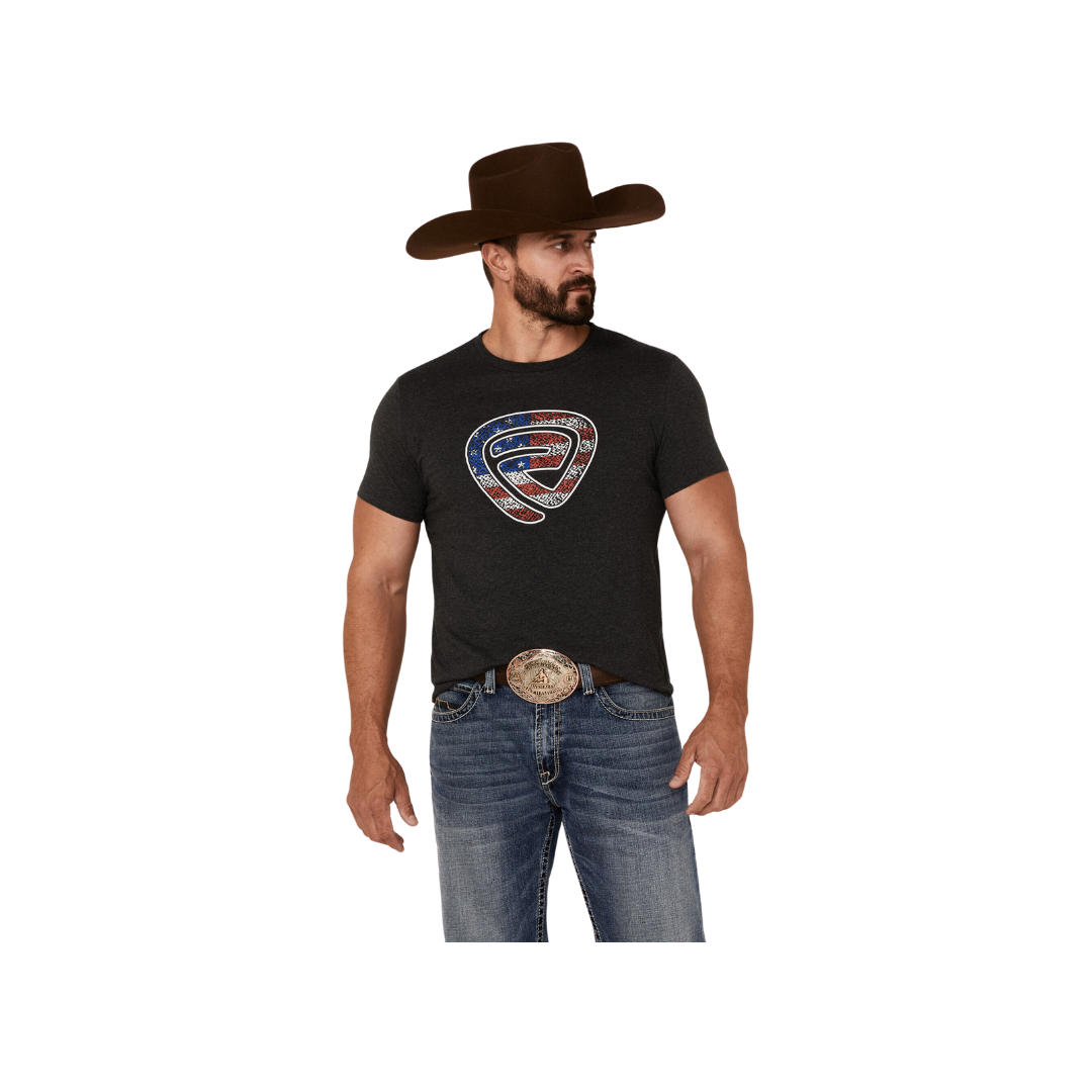 Panhandle Slim Men's Rock Roll Denim Patriotic Logo Short Sleeve Charcoal Shirt
