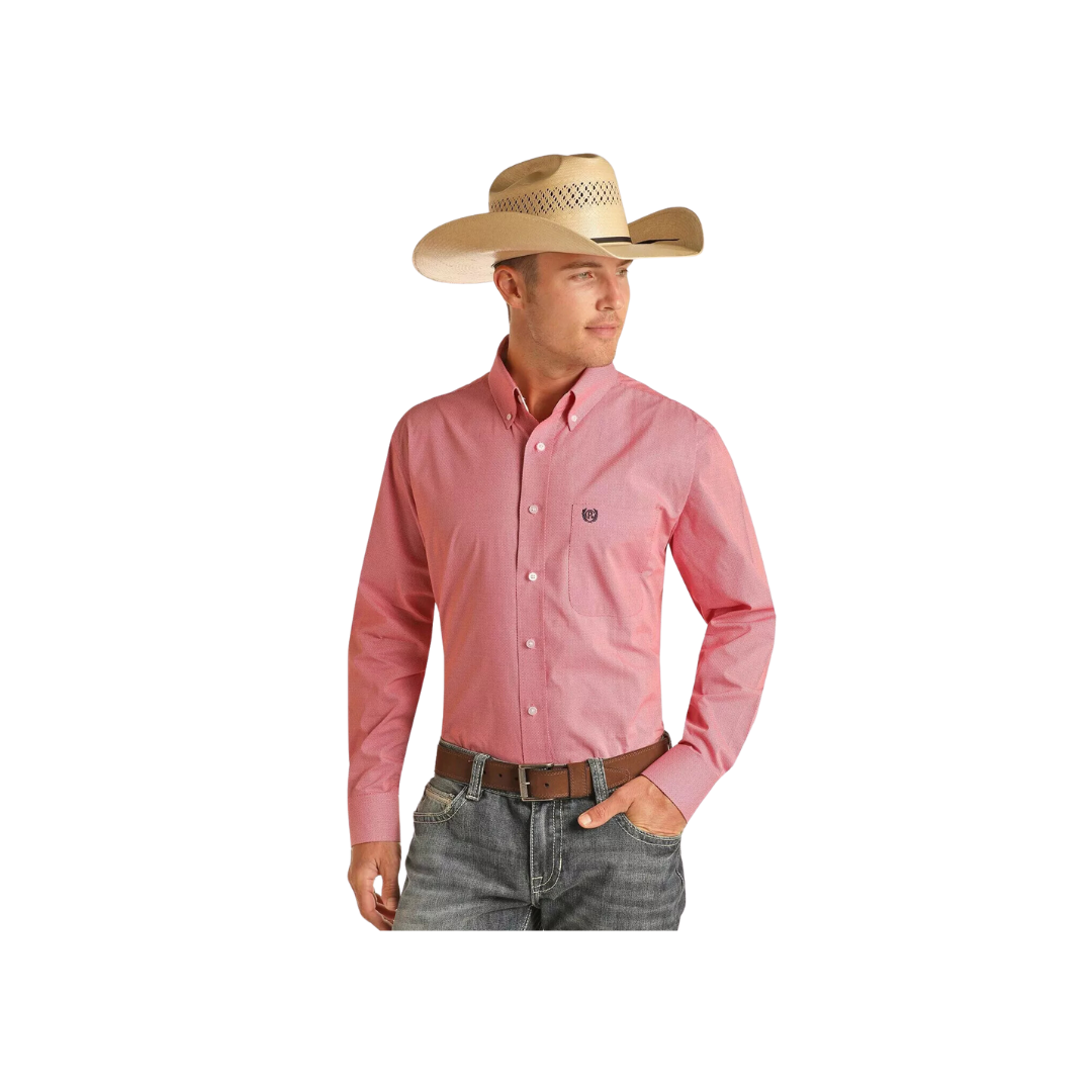 Panhandle Men's Long Sleeve Poplin Print Button Down Red Shirt