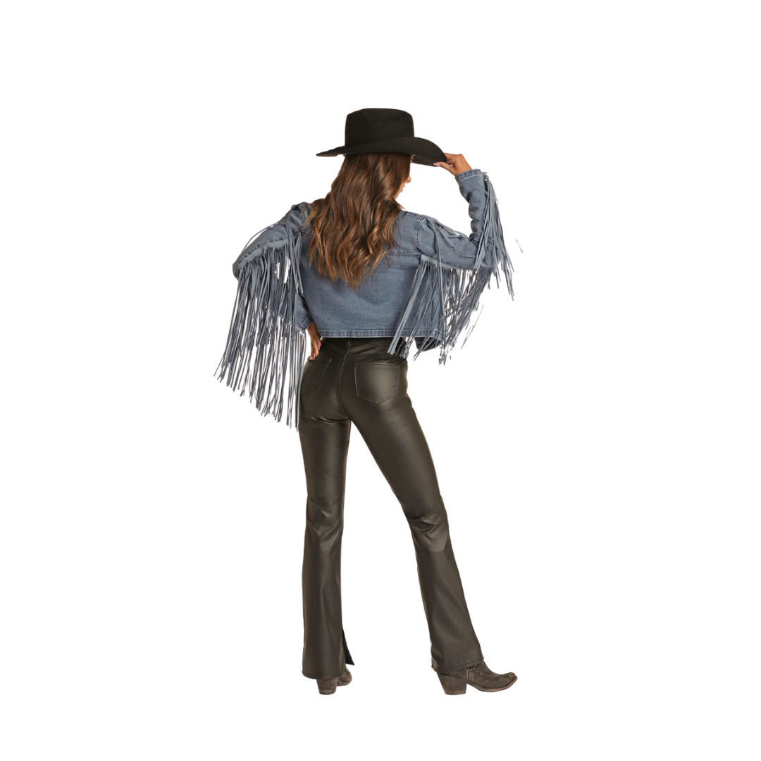 Panhandle Women's Rock Roll Cowgirl Cropped Western Fringe Denim Blazer Jacket